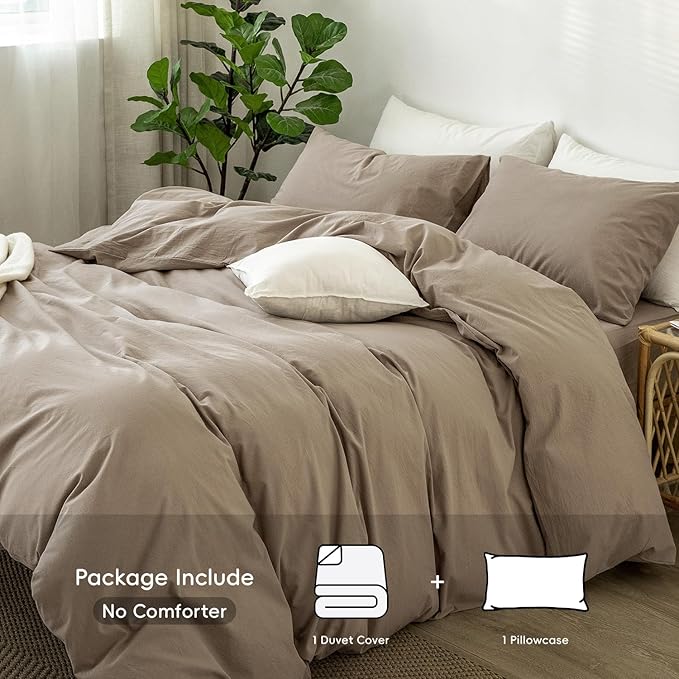 MooMee Bedding Duvet Cover Set 100% Washed Cotton Linen Like Textured Breathable Durable Soft Comfy (Solid Mocha Brown, Twin 68"x90")