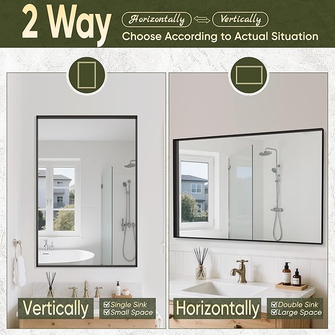 Suidia Bathroom Mirror, 60" x 30" Wall Mirror Metal Framed, Bathroom Vanity Mirror for Living Room Bedroom Bathroom Entryway, Black, Rect Corner Style
