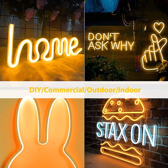 Lamomo LED Neon Lights, 16.4ft Yellow LED Strip Light, 12V 0.39In/Cut Silicone Waterproof Neon Rope Light, DIY Neon Sign for Bedroom Indoor Outdoor Decoration（Power Adapter not Included）