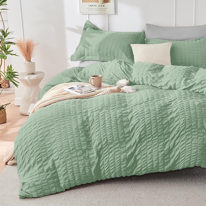 HYMOKEGE Sage Green/Light Grey California King Comforter Set Seersucker 7 Pieces, All Season Luxury Bed in a Bag for Bedroom, Bedding Set with Comforter, Sheets, Pillowcases & Shams