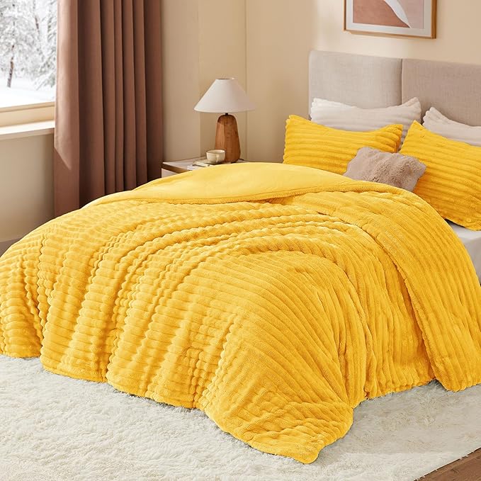 BEDELITE Fleece King Comforter Set -Super Soft & Warm Fluffy Bright Yellow Bedding, Luxury Fuzzy Heavy Bed Set for Winter with 2 Pillow Cases