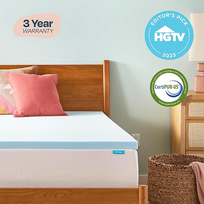 Linenspa Memory Foam Mattress Topper - 2 Inch Gel Infused Memory Foam - Plush Feel - Cooling and Pressure Relieving - CertiPUR Certified - Dorm Room Essentials - Twin XL Size