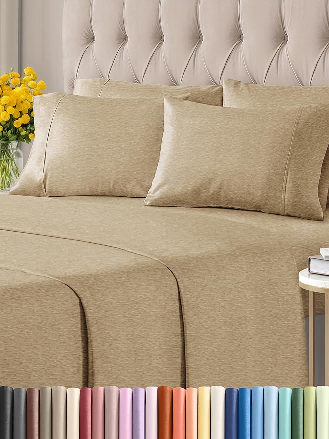 Cal King 6 Piece Sheet Set - Comfy Breathable & Cooling - Soft Hotel Luxury Bedding Set with 8-16 Inch Deep Pockets - 1 Flat & 1 Fitted Sheet & 4 Pillowcases - Wrinkle Free & Easy Care - Heathered Tan