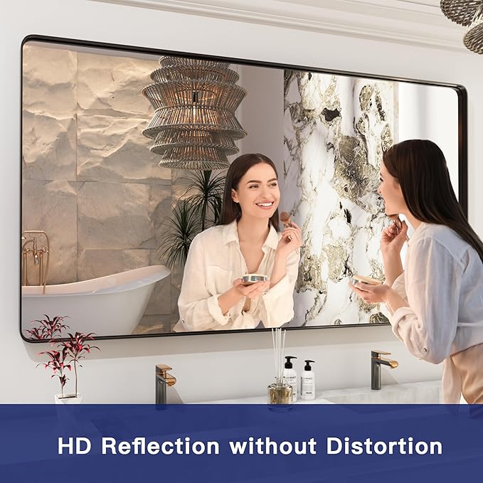 ISKM Black Bathroom Mirror for Wall 51" x 30" Matte Black Framed Vanity Mirror Anti-Rust, Tempered Glass, Rounded Rectangle Mirror(Horizontal/Vertical)