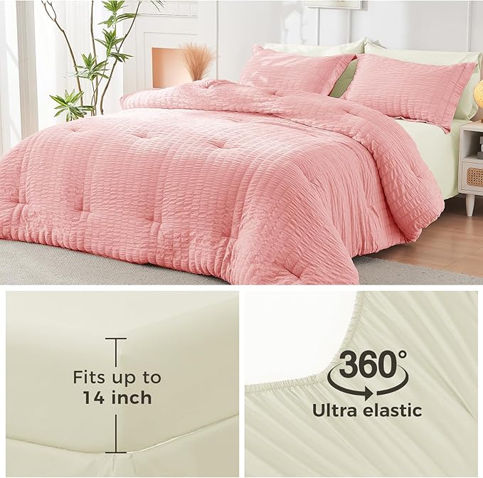 HYMOKEGE Pink/Ivory California King Comforter Set Seersucker 7 Pieces, All Season Luxury Bed in a Bag for Bedroom, Bedding Set with Comforter, Sheets, Pillowcases & Shams