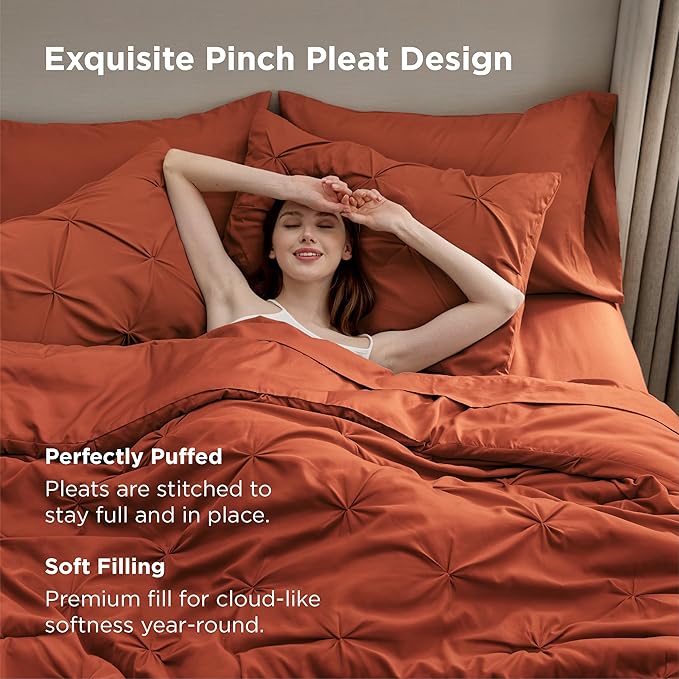 Bedsure Full Comforter Set Burnt Orange - Bed in a Bag Full Size Bedding Set 7 Pieces, GentleSoft™ Pintuck Bed Set Gift for Family, Pinch Pleat All Season Comforter with Sheets, Pillowcases & Shams