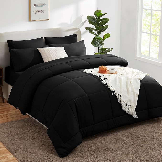 CozyLux Twin Comforter Set with Sheets Black, 5 Pieces Bed in a Bag, Black Comforter Twin Size, All Season Bedding Set with Stitch Quilted Comforter, Flat Sheet, Fitted Sheet, Pillowcases