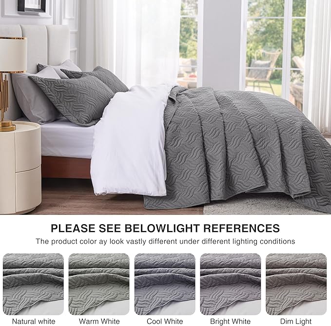 Love's cabin Quilts for Queen Bed Grey Bedspreads Bedding Set - Summer Lightweight Bedspread Comforter - Wave Pattern Bedding Coverlet for All Season - 3 Pieces (1 Quilt, 2 Pillow Shams)