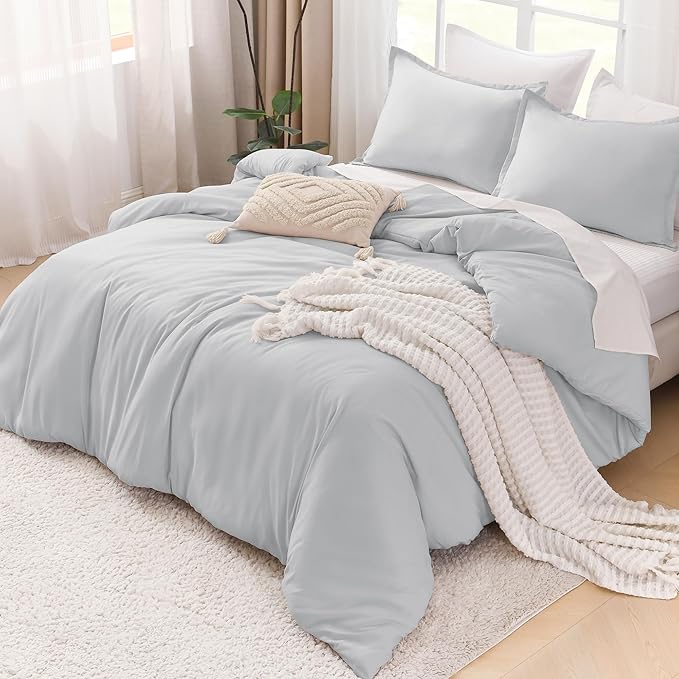Litanika Comforters Light Grey Oversized Queen Size, 3 Pieces Lightweight Solid Bedding Comforter Set, All Season Fluffy Bed Set (98x98In Comforter & 2 Pillowcases)