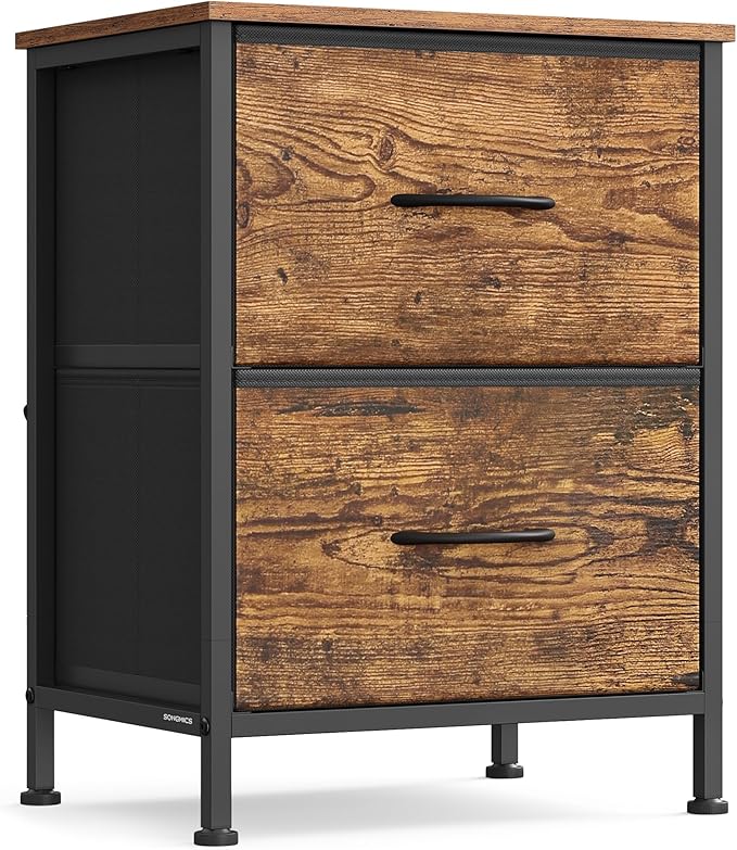 SONGMICS Dresser for Bedroom, Chest of Drawers, Nightstand, Steel, MDF, 2 Non-Woven Fabric Drawers, Storage Organizer Unit, Closet, Entryway, Rustic Brown and Ink Black ULGS312B02S