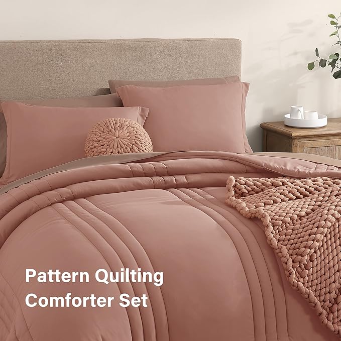 Monbix Queen Comforter Set - 7 Pieces Clay Pink Bed in a Bag Queen Bedding Sets with Comforters, All Seasons Down Alternative Comforter Bed Set with Sheets, Pillowcases & Shams