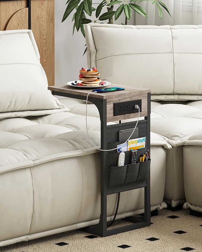 TUTOTAK C Shaped End Table with Charging Station, Side Table for Sofa, Couch Table with Storage Bag, TV Tray Table with 2 USB Ports and Outlets for Living Room, Bedroom TB01BG024