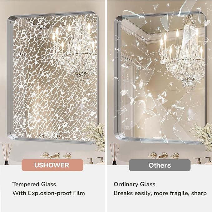 USHOWER Brushed Nickel Bathroom Mirrors 24"x36" 2 Pack, Silver Rectangle Mirrors for Over Sink, Rounded Corner, Aluminum Frame, Anti-Rust, Tempered Glass, Horizontal or Vertical Mounted