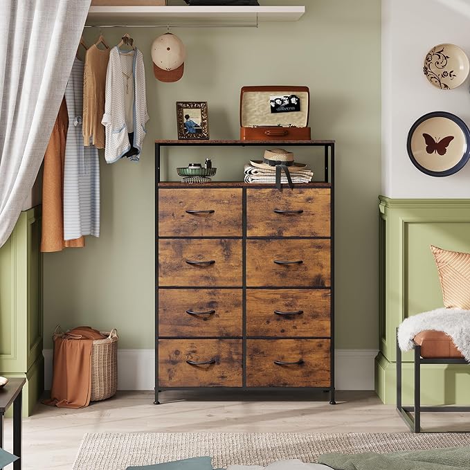 WLIVE Fabric Dresser for Bedroom with Open Shelves, Tall Dresser with 8 Drawers, Storage Tower with Fabric Bins, Chest of Drawers for Closet, Hallway, Rustic Brown Wood Grain Print