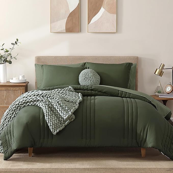 Monbix California King Size Comforter Set - 7 Pieces Bed in a Bag California King, Olive Green Bedding Sets, All Seasons Down Alternative Comforter Bed Set with Sheets, Pillowcases & Shams
