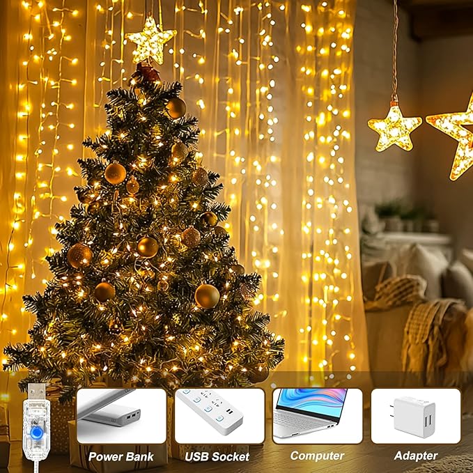Curtain Light for Bedroom, 200LED 6.6x6.6ft Warm White Window Wall Hanging Fairy Curtain String Light, 8 Modes Remote Fairy String Lights Indoor for Wedding Party Home Garden Decorations