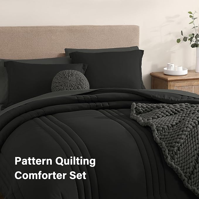 Monbix California King Size Comforter Set - 7 Pieces Bed in a Bag California King, Black Bedding Sets with Comforter, All Seasons Down Alternative Comforter Bed Set with Sheets, Pillowcases & Shams