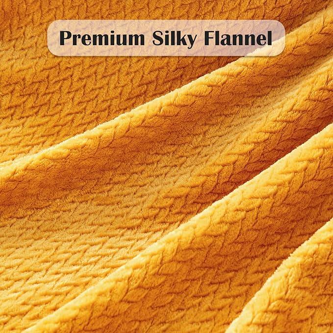 NEWCOSPLAY Super Soft Queen Blanket Mustard Yellow Premium Silky Flannel Fleece Leaves Pattern Lightweight Bed Blanket All Season Use (Mustard Yellow, Queen(90"x90"))