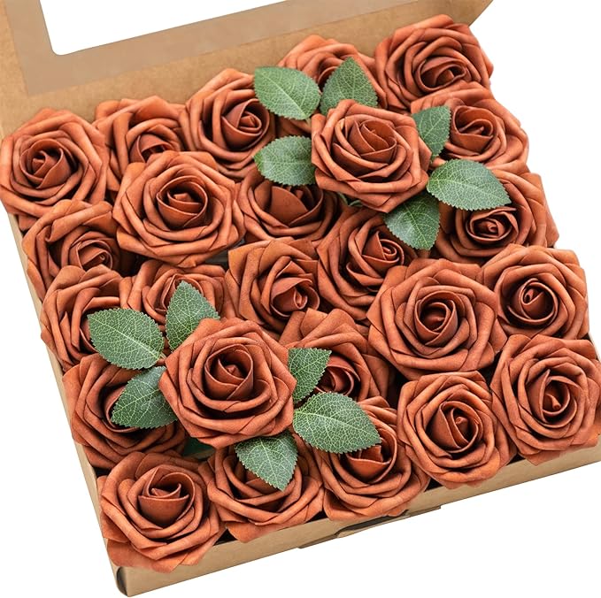 Ling's moment Fall Artificial Flowers 25Pcs Burnt Orange Roses Decor w/Stems,3" Real Touch DIY Foam Floral for Wedding Bouquet/Centerpieces, Outdoors Party Backdrop, Room/Table, and Garden/Pot Decor