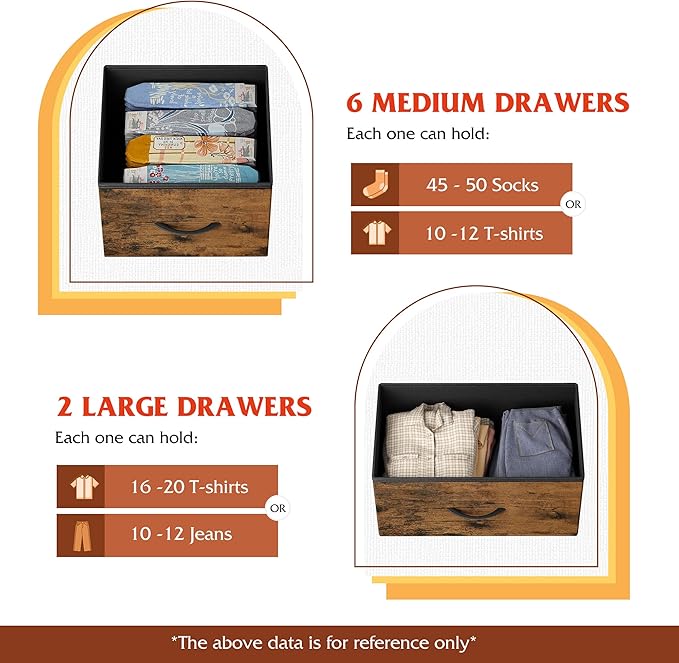 WLIVE 8 Drawer Dresser for Bedroom, Fabric Dresser with Large Storage Drawer Unit for Entryway, Chest of Drawers for Living Room, Rustic Brown