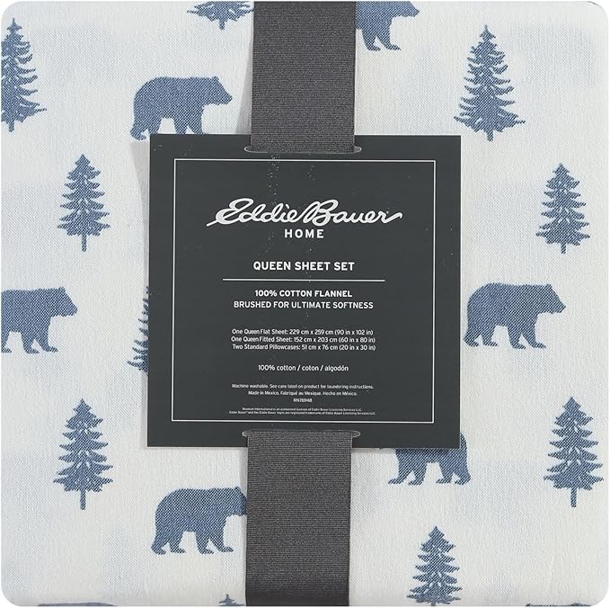 Eddie Bauer - Flannel Sheets King Size, Anti-Pilling & Wrinkle Resistant Cotton, Touchably Soft for All-Season Comfort - Bed Sheets with Matching Pillowcases & Fitted Sheet (Bears and Trees Blue)