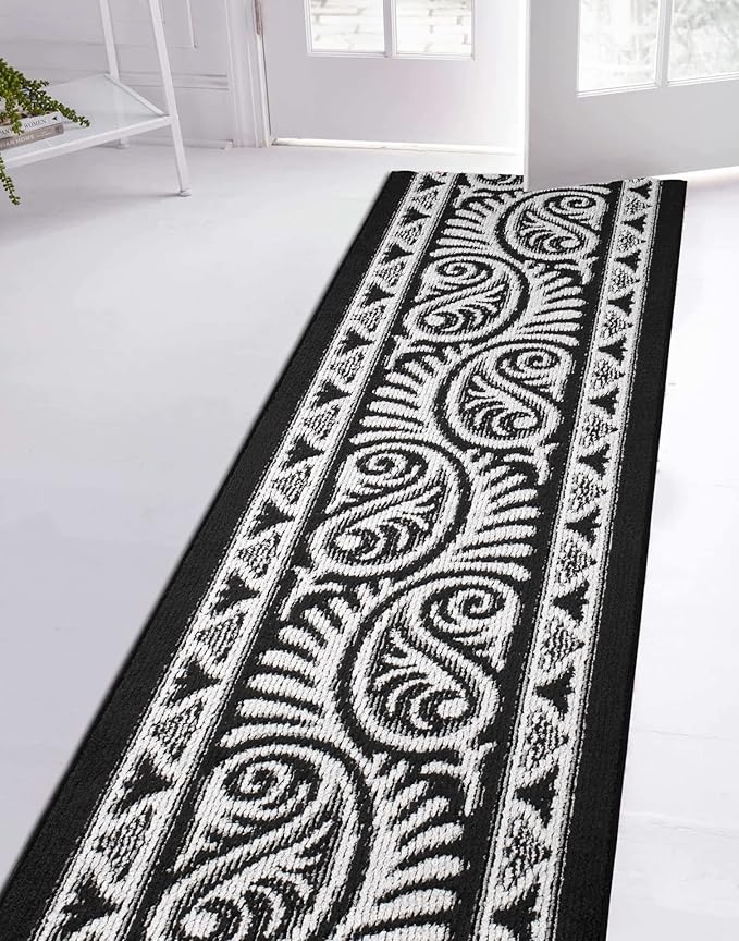 Custom Length Cut to Size Tribal Ethnic Southwestern Inspired Hallway Runner Rug, Non Slip Rubber Backed, 31 inch Wide X Customized Length, Mayan Black, 31 inch X 3 feet, Doormat Size