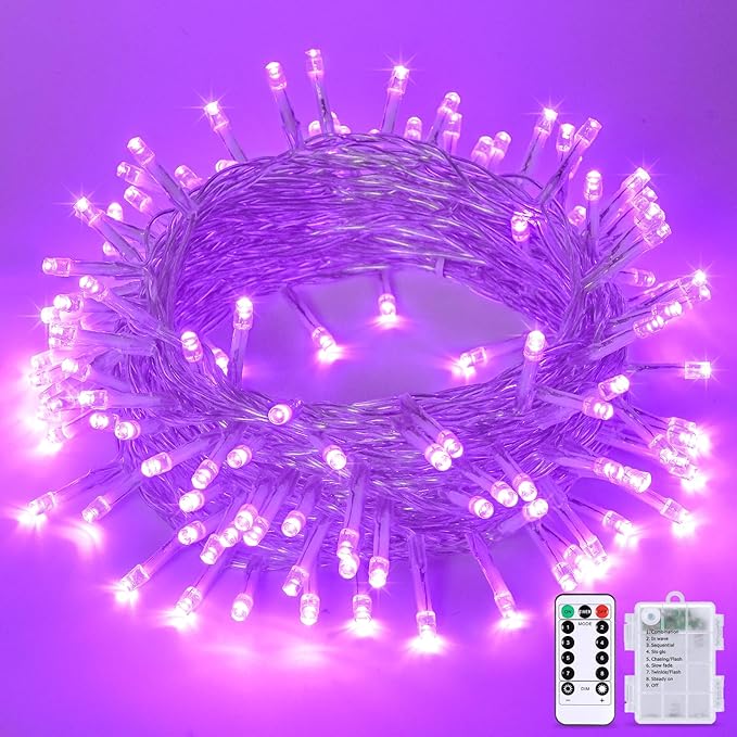 JMEXSUSS 33ft 100 LED Purple Lights for Halloween Decorations, Purple Battery Operated Lights with Remote Indoor Outdoor, String Lights for Halloween Christmas Decor