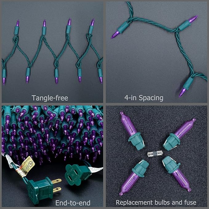 YULETIME 200 Count Purple LED Christmas Lights, 66 Feet Green Wire UL Certified Commercial Grade Holiday String Light Set (Purple)
