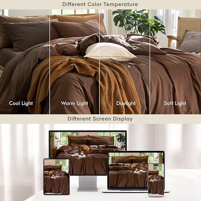 MooMee Bedding Duvet Cover Set 100% Washed Cotton Linen Like Textured Breathable Durable Soft Comfy (Solid Cocoa Brown, Oversized Queen 98"x98")
