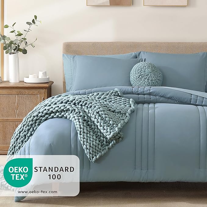 Monbix Queen Comforter Set - 7 Pieces Dusty Blue Bed in a Bag Queen Bedding Sets with Comforters, All Seasons Down Alternative Comforter Bed Set with Sheets, Pillowcases & Shams