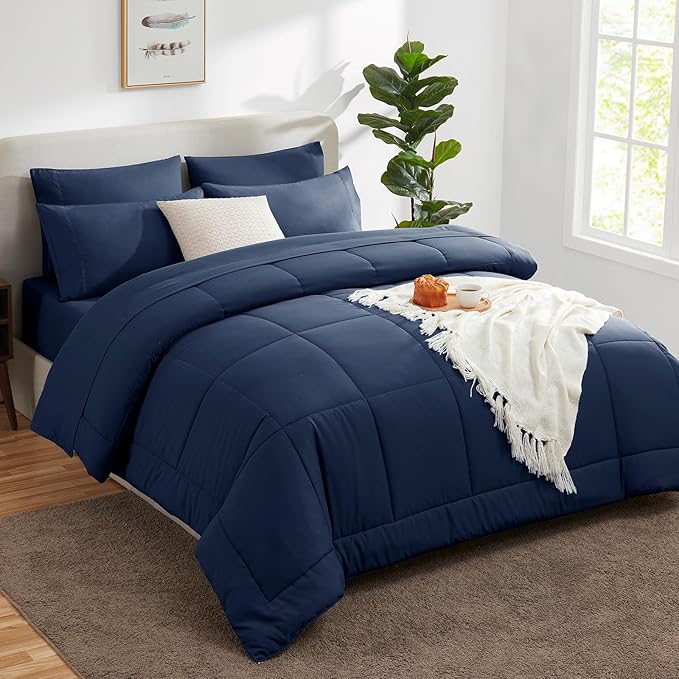 CozyLux Oversized King Comforter Sets Navy Blue, 7 Pieces Bed in a Bag, Ultra-Soft All Season Bedding Sets with Stitch Quilted Comforter, Flat Sheet, Fitted Sheet, Pillowcases, Navy Blue
