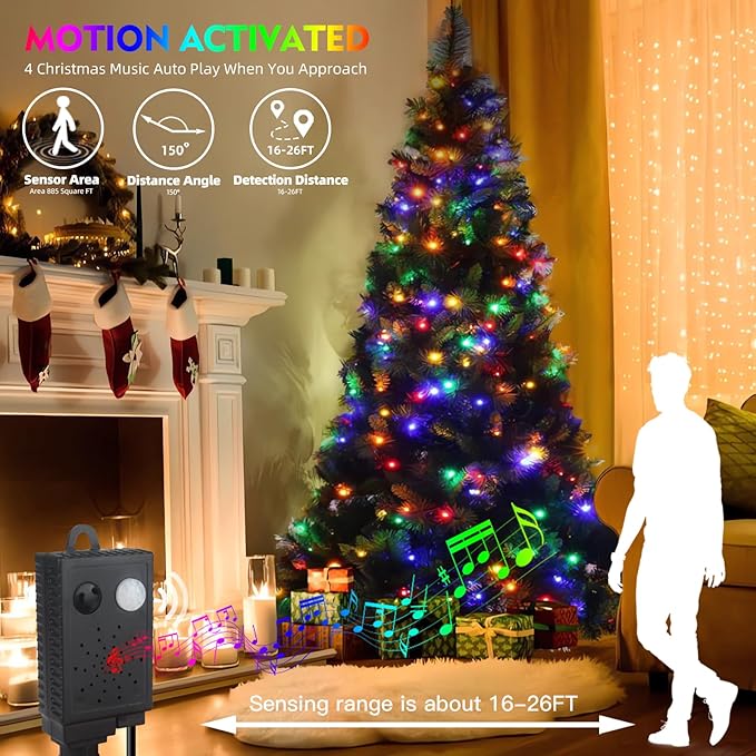 Motion Sensor Music Christmas Lights Outdoor Indoor, 108FT 300LED Christmas Tree Lights, Multicolor Christmas String Lights for Tree Party Holiday
