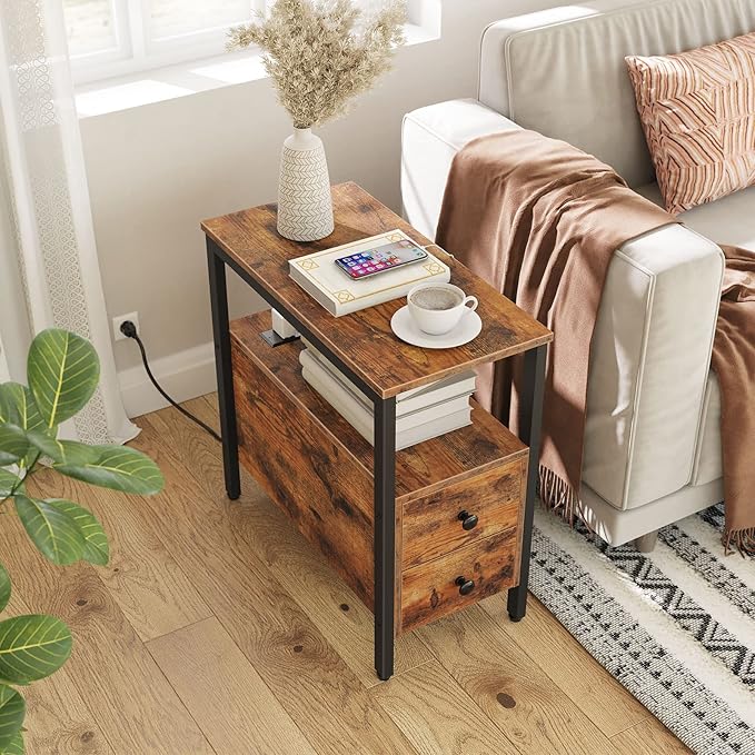 HOOBRO End Table with Charging Station, Narrow Side Table with 2 Drawer & USB Ports & Power Outlets, Nightstand for Small Spaces, for Living Room, Bedroom, Rustic Brown and Black BF541BZ01