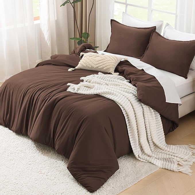 Litanika Brown Comforter Set Full Size, 3 Pieces Lightweight Solid Bedding Comforter Set, All Season Fluffy Bed Set (79x90In Comforter & 2 Pillowcases)