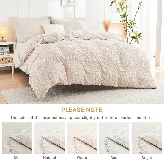 HYMOKEGE Beige Oversized King Comforter Set Seersucker 7 Pieces, All Season Luxury Bed in a Bag for Bedroom, Bedding Set with Comforter, Sheets, Pillowcases & Shams