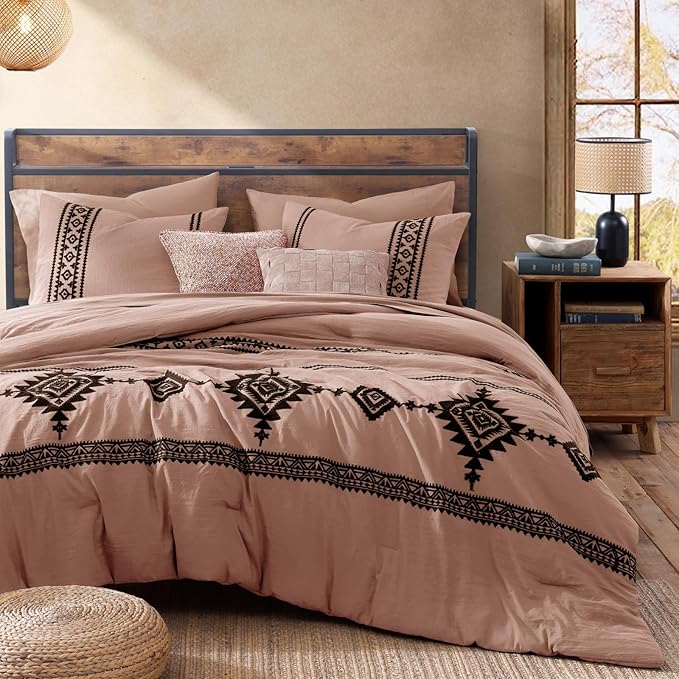MaiRêve Embroidery King Size Comforter Set Dusty Pink, Boho Farmhouse Western Bedding Set 7 Pieces, All Season Bed in A Bag Comforter Set with Sheets, Pillowcases & Shams