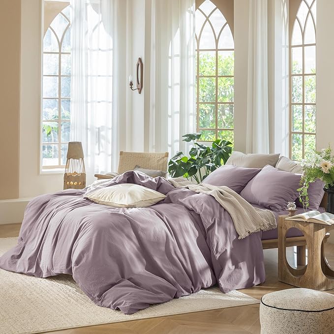 MooMee Bedding Duvet Cover Set 100% Washed Cotton Linen Like Textured Breathable Durable Soft Comfy (Solid Taro Purple, Queen 90"x90")
