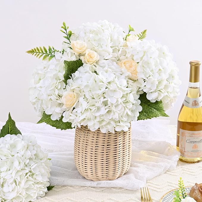 4 Pcs Real Touch Hydrangea Artificial Flowers, 21" White Full Faux Hydrangea Flowers Latex Fake Flowers for Home Decor Party Floral Arrangements Wedding Bouquets Centerpieces Outdoor Decor