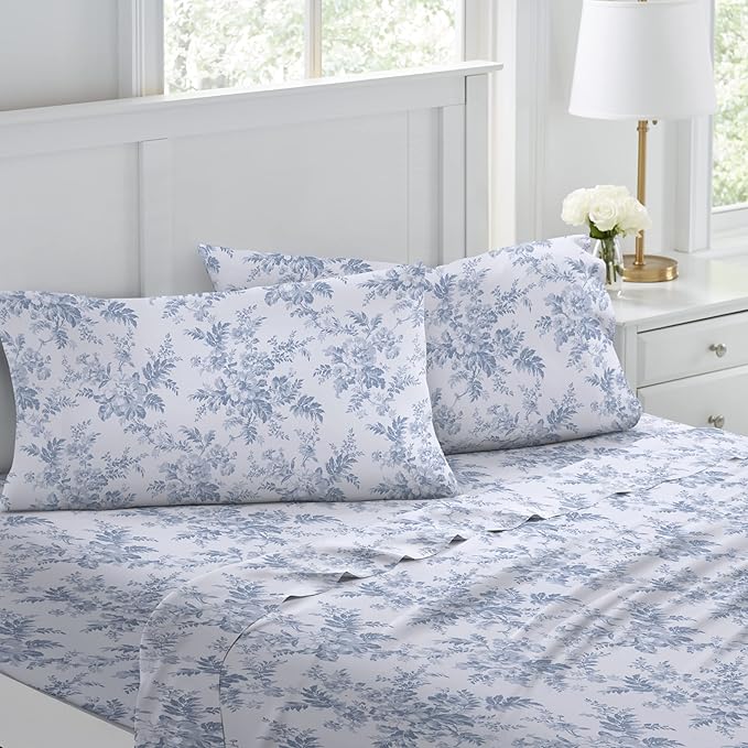 Laura Ashley - Flannel Sheets Queen Size, Anti-Pilling & Wrinkle Resistant Cotton, Touchably Soft for All-Season Comfort - Bed Sheets with Matching Pillowcases & Fitted Sheet (Vanessa Blue)