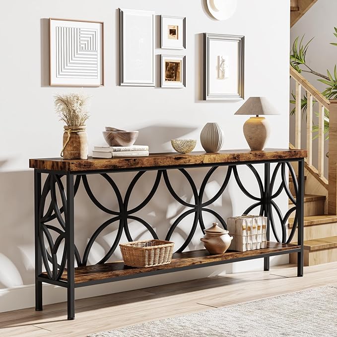 LITTLE TREE Sofa Table, 70.9 Inch Industrial Behind Couch Table with Storage Shelves, Narrow Long Console Table for Entryway, Living Room, Foyer, Hallway, Office