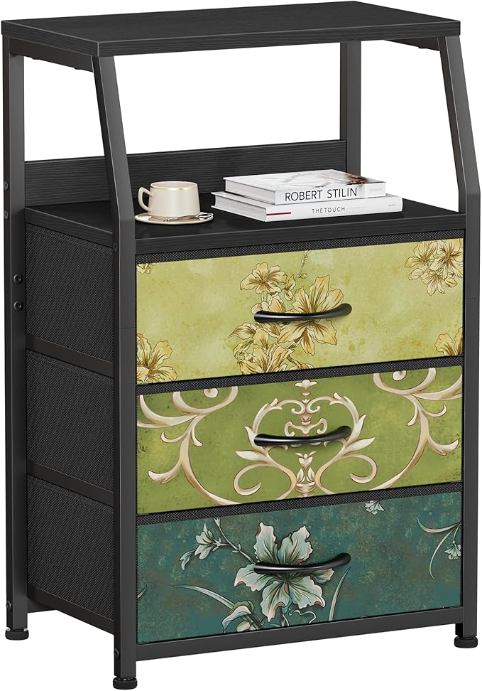 Furnulem Retro Night Stand with 3 Drawers and 2-Tier Shelf, Small Nightstand Side Table, Vintage Storage Dresser for Bedroom, Fabric Drawer Organizer for Closet, Beside Furniture