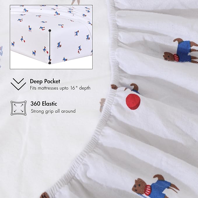 RUVANTI Flannel Sheets Twin XL Size - 100% Cotton Double Brushed Twin XL Sheet Sets, Deep Pockets 16 Inches, All Seasons Breathable & Extra Soft Bed Sheets, Warm & Cozy, 3 Piece, Puppy Playoff