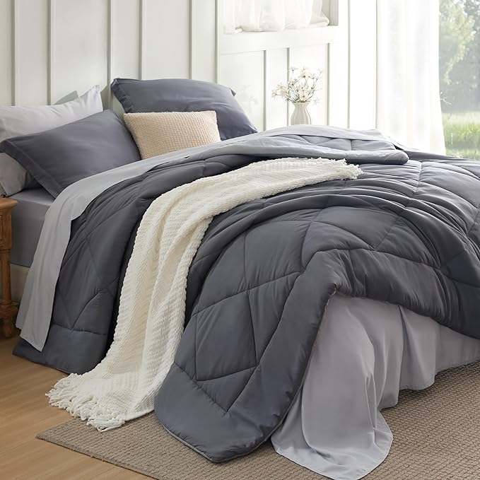 Bedsure Full Size Comforter Set - 7 Pieces Reversible Dark Grey Bedding, Full Size Bed Set for All Seasons, Bed in a Bag with Down Alternative Comforter, Sheets, Pillowcases & Shams