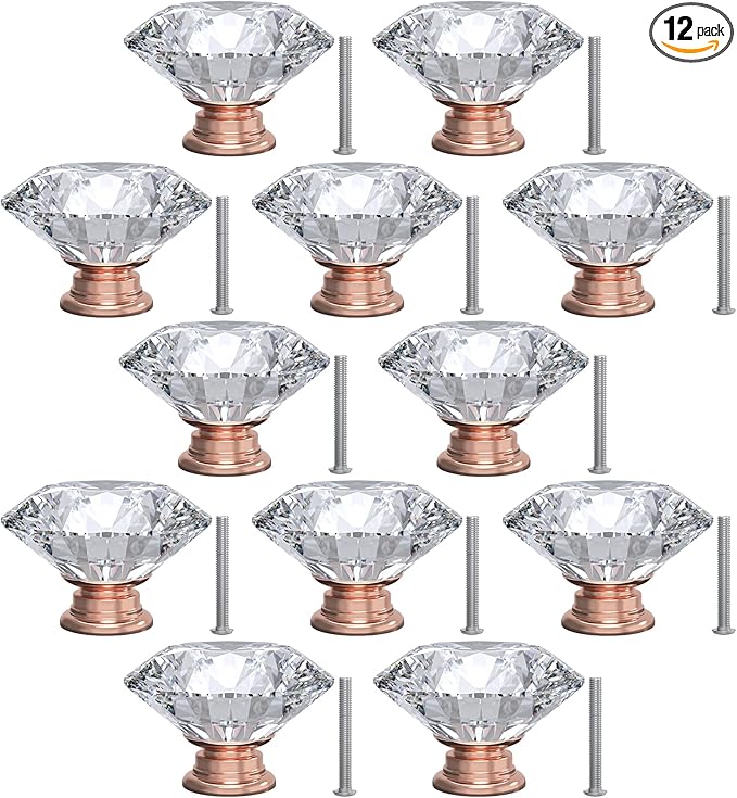 12-Pack Crystal Glass Cabinet Knobs for Home Decor, Vanity Drawers, Desks, Wardrobe Doors, Standard Screws Easy Installation for Home Refurbishment and Redecoration (Clear Crystal, 40mm, Pink Base)