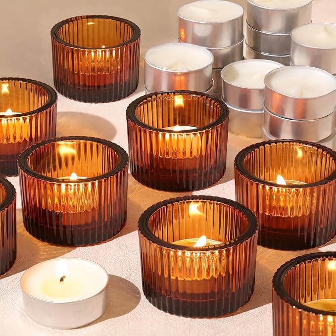 18 pcs Amber Tealight Candle Holders with 18PCS Tealights, Glass Votive Candle Holders Set for Table Centerpiece, Home Decor and Party Supplies