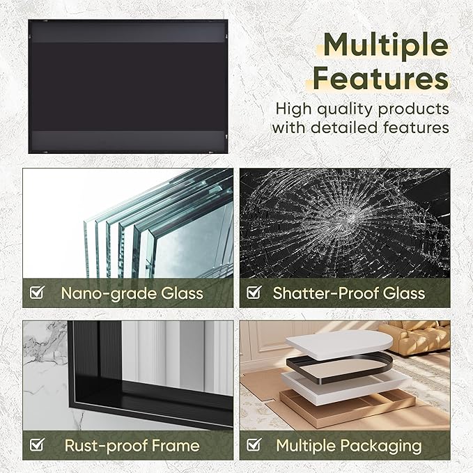 Suidia Bathroom Mirror, 60" x 36" Wall Mirror Metal Framed, Bathroom Vanity Mirror for Living Room Bedroom Bathroom Entryway, Black, Rect Corner Style