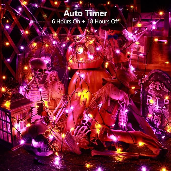 BrizLabs Orange Purple Halloween Lights, 33ft 100 LED Battery Halloween Lights, 8 Modes Orange Purple String Light with Timer, Indoor Outdoor Mini Battery Light for Outside Tree Bedroom Patio Decor