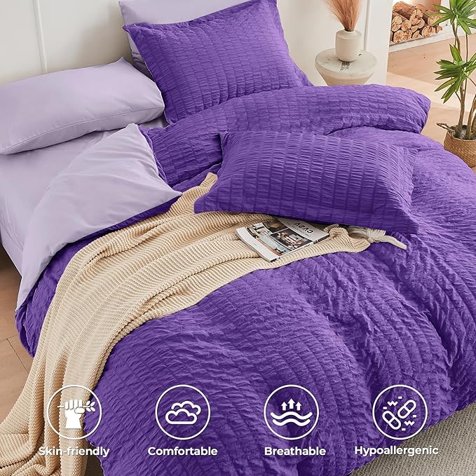 HYMOKEGE Dark Purple/Lavender King Size Comforter Set Seersucker 7 Pieces, All Season Luxury Bed in a Bag for Bedroom, Bedding Set with Comforter, Sheets, Pillowcases & Shams