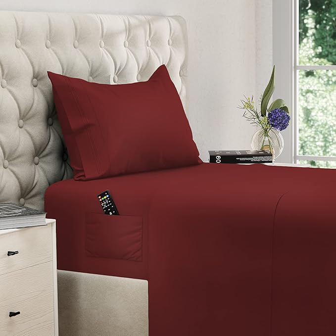 DREAMCARE Twin Sheets - 3pcs Cooling Sheets up to 21' Extra Deep Pocket Twin Bed Sheets - Twin Sheet Set - Soft & Long Lasting 100% Fine Brushed Polyester with Side Pocket - Brgndy