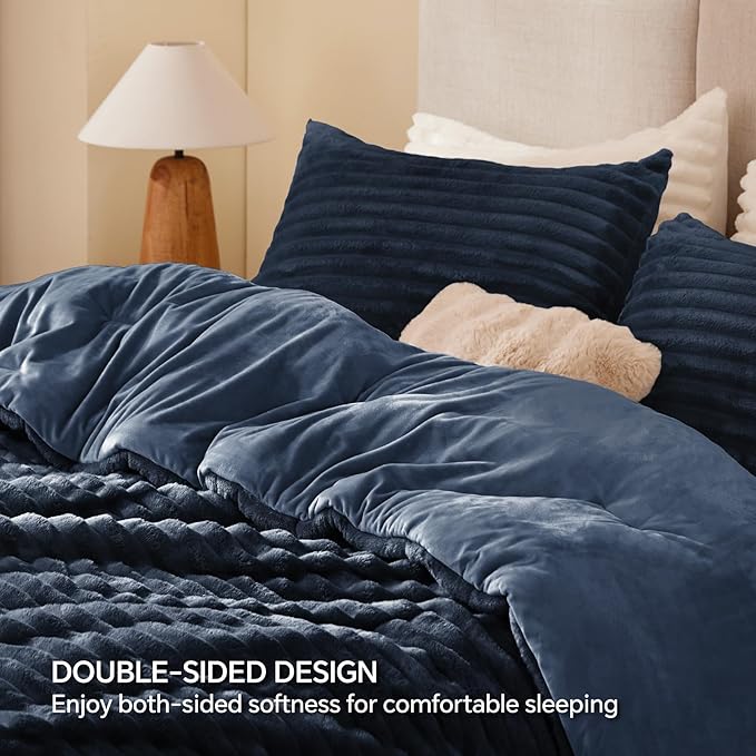 BEDELITE Fleece Full Comforter Set -Super Soft & Warm Fluffy Navy Blue Bedding, Luxury Fuzzy Heavy Bed Set for Winter with 2 Pillow Cases